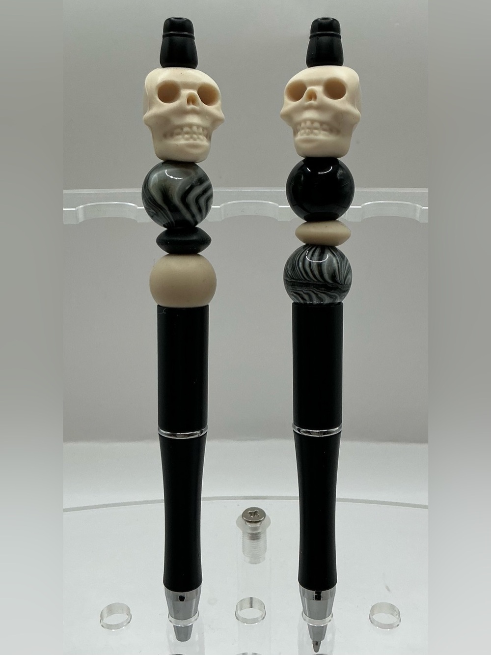 MENS PENS: 2 HANDMADE BEADED PENS FOR MEN BLACK SKULL THEME